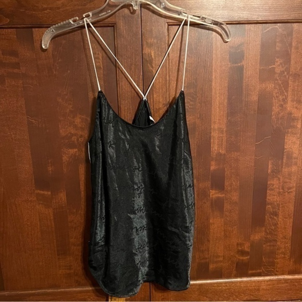 Victoria’s Secret Racer Back Camisole Black Satin with embossed VS EUC It#C100
